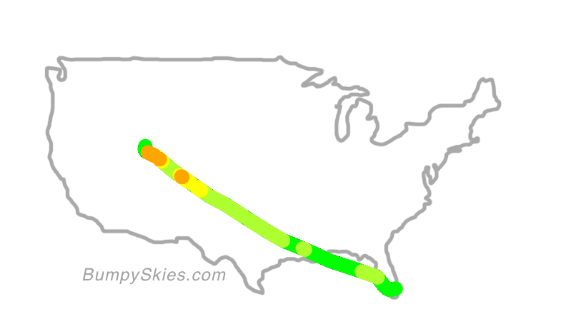 Map of continental US with illustrated flight path and turbulence forecast (described in text below)