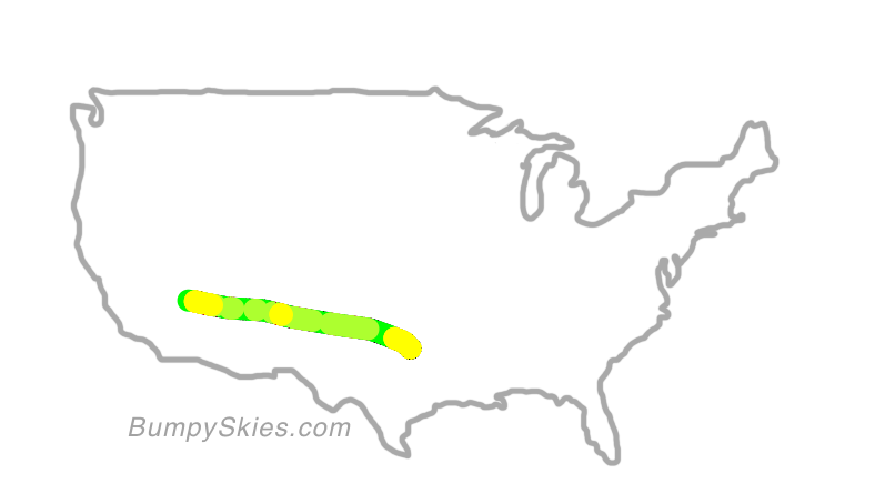 Map of continental US with illustrated flight path and turbulence forecast (described in text below)