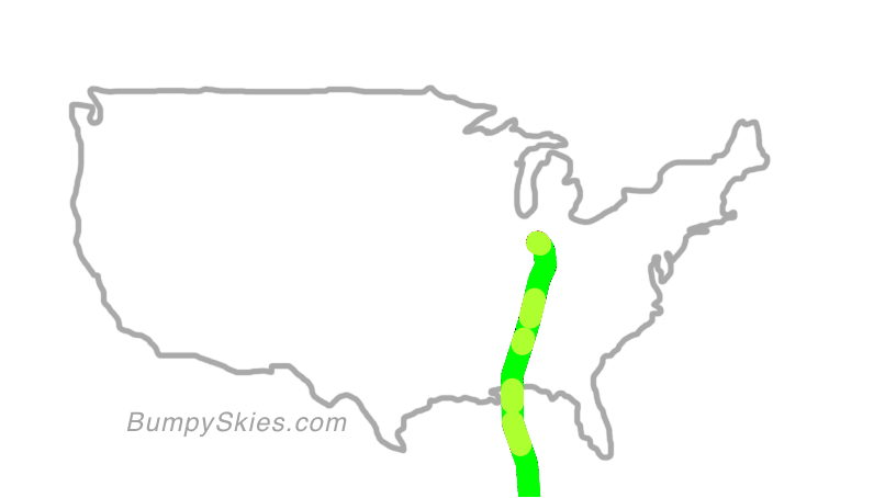 Map of continental US with illustrated flight path and turbulence forecast (described in text below)