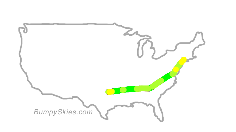 Map of continental US with illustrated flight path and turbulence forecast (described in text below)
