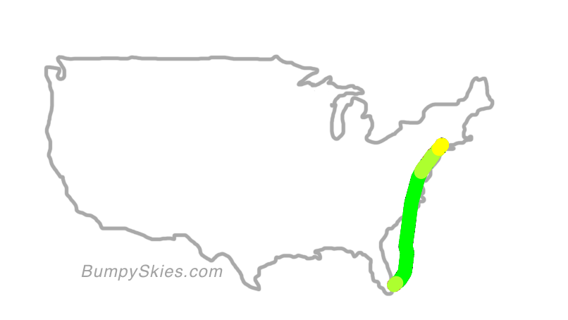 Map of continental US with illustrated flight path and turbulence forecast (described in text below)