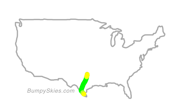 Map of continental US with illustrated flight path and turbulence forecast (described in text below)