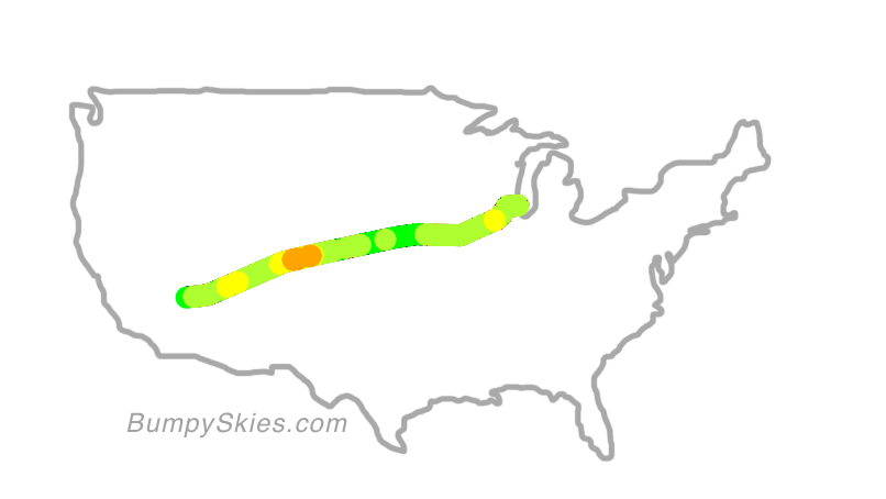 Map of continental US with illustrated flight path and turbulence forecast (described in text below)
