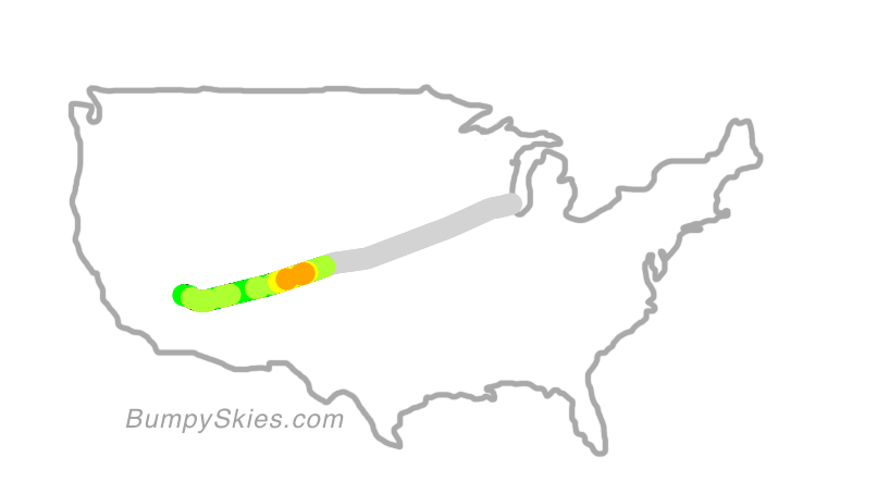 Map of continental US with illustrated flight path and turbulence forecast (described in text below)