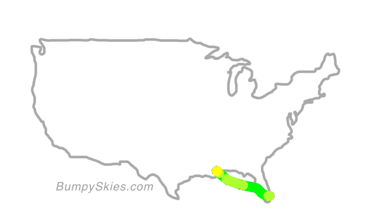 Map of continental US with illustrated flight path and turbulence forecast (described in text below)