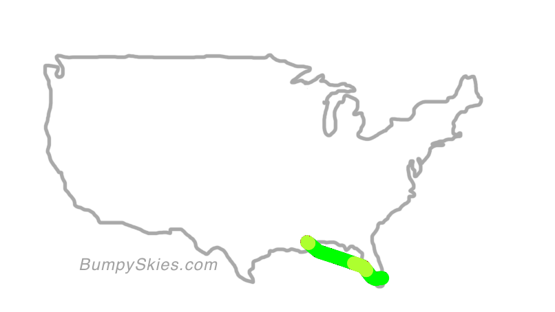 Map of continental US with illustrated flight path and turbulence forecast (described in text below)