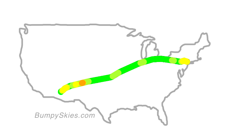 Map of continental US with illustrated flight path and turbulence forecast (described in text below)