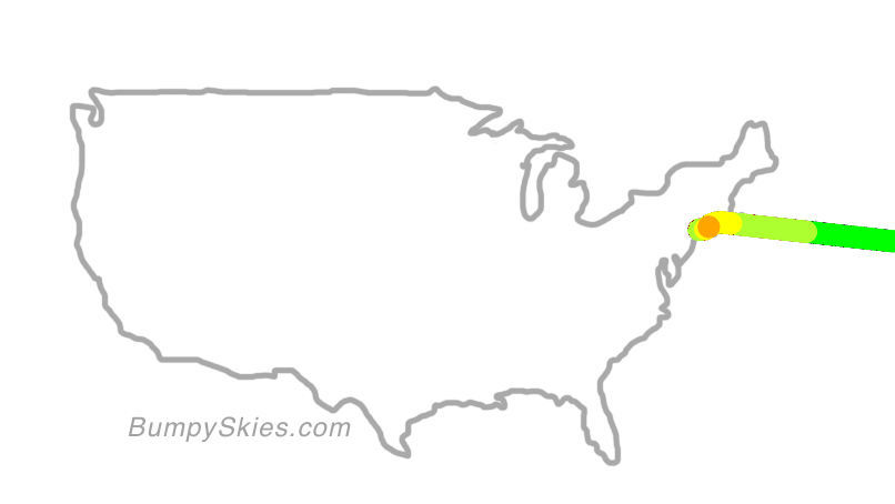 Map of continental US with illustrated flight path and turbulence forecast (described in text below)