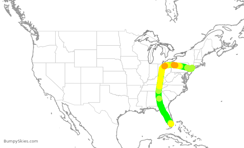 Turbulence forecast map for AAL2945, MIA to LGA