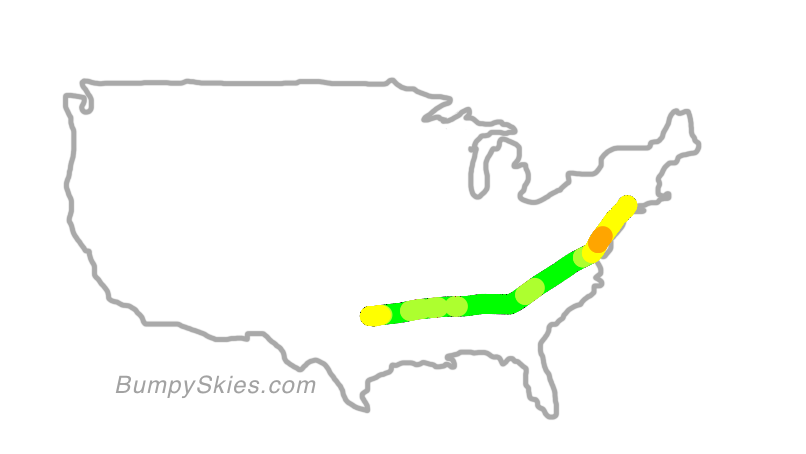 Map of continental US with illustrated flight path and turbulence forecast (described in text below)