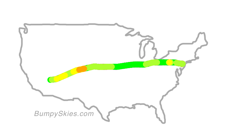 Map of continental US with illustrated flight path and turbulence forecast (described in text below)