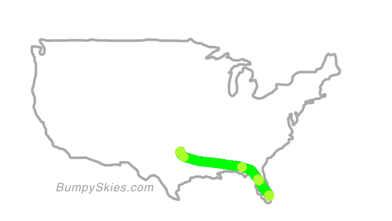 Map of continental US with illustrated flight path and turbulence forecast (described in text below)