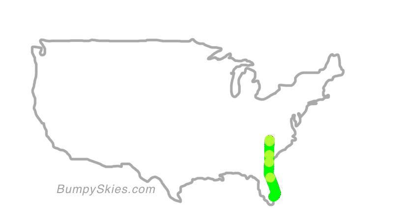 Map of continental US with illustrated flight path and turbulence forecast (described in text below)