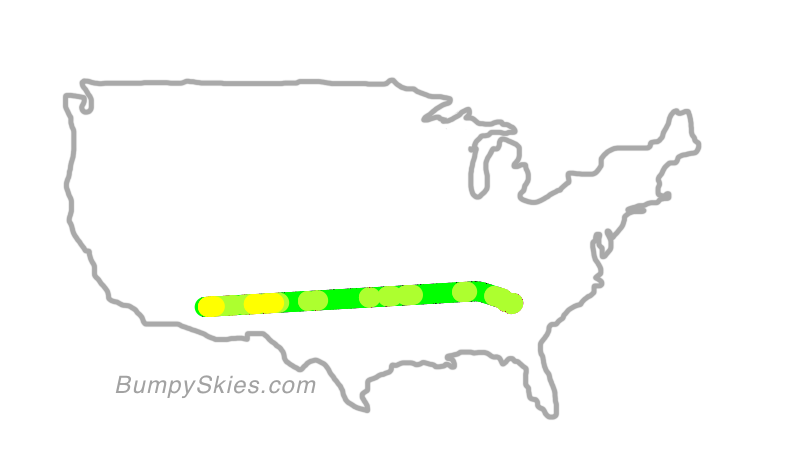 Map of continental US with illustrated flight path and turbulence forecast (described in text below)