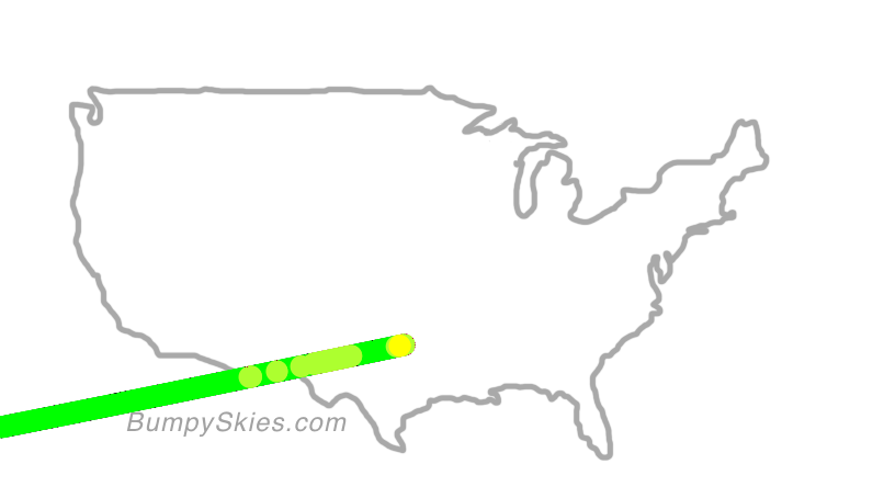 Map of continental US with illustrated flight path and turbulence forecast (described in text below)