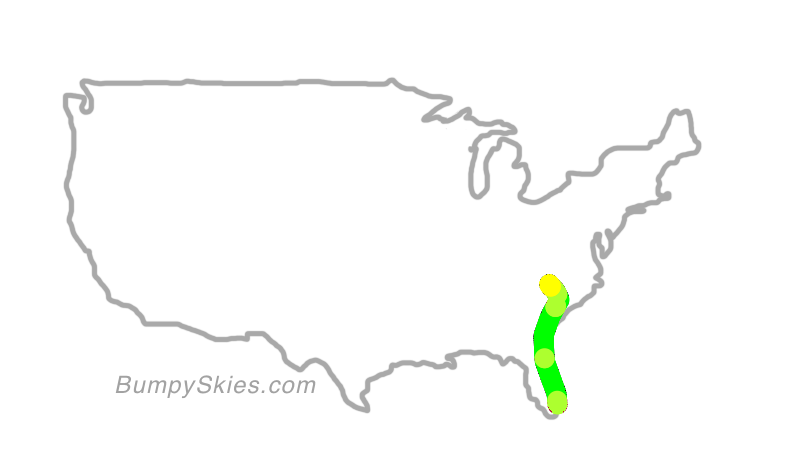 Map of continental US with illustrated flight path and turbulence forecast (described in text below)