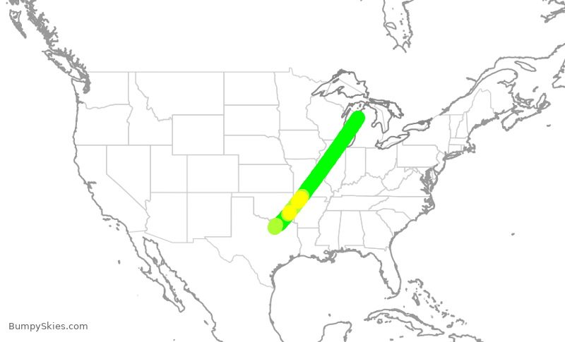 Turbulence forecast map for AAL2962, TVC to DFW