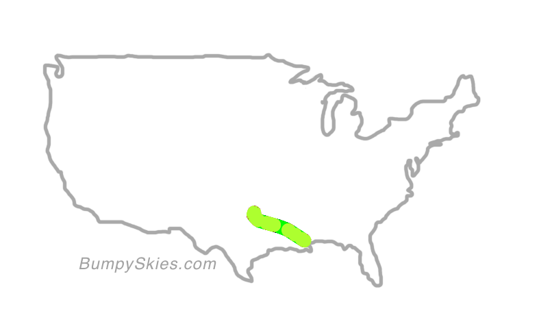 Map of continental US with illustrated flight path and turbulence forecast (described in text below)