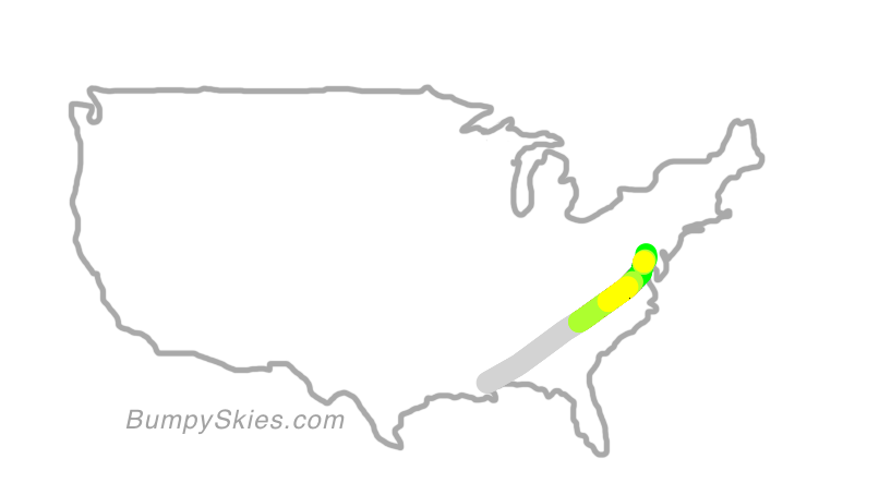 Map of continental US with illustrated flight path and turbulence forecast (described in text below)