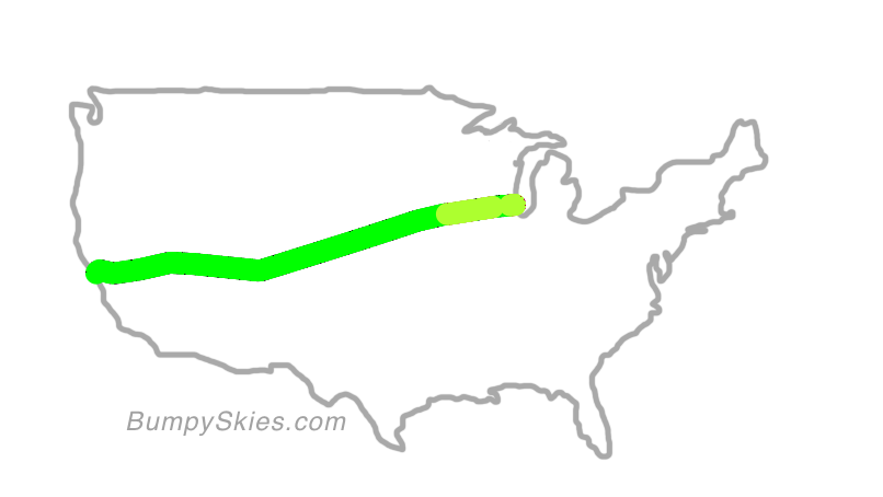Map of continental US with illustrated flight path and turbulence forecast (described in text below)