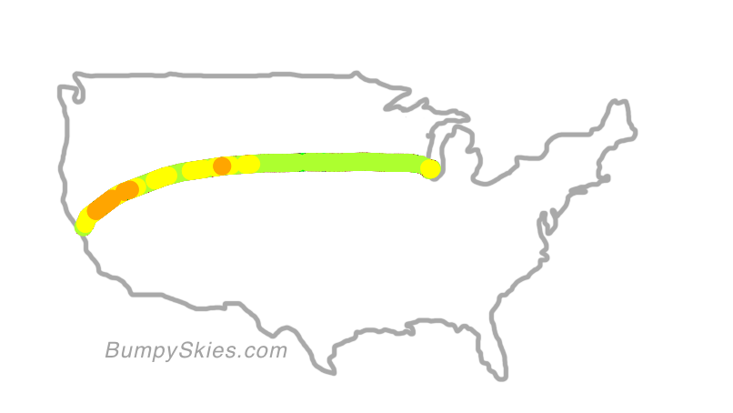 Map of continental US with illustrated flight path and turbulence forecast (described in text below)
