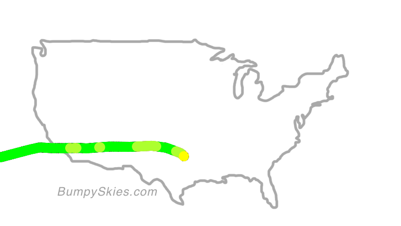 Map of continental US with illustrated flight path and turbulence forecast (described in text below)