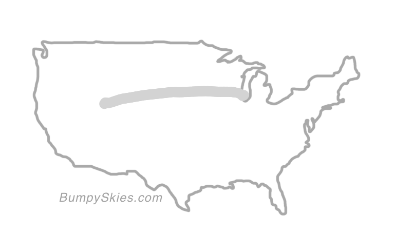Map of continental US with illustrated flight path and turbulence forecast (described in text below)