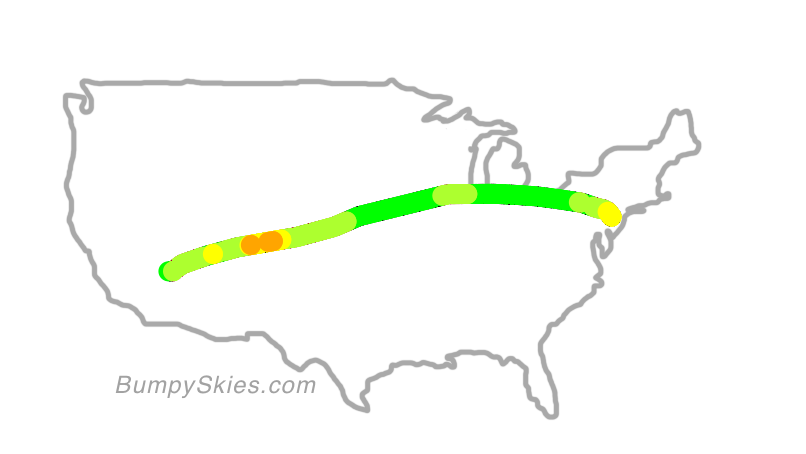 Map of continental US with illustrated flight path and turbulence forecast (described in text below)
