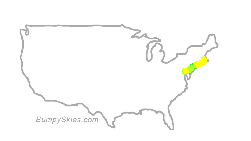 Map of continental US with illustrated flight path and turbulence forecast (described in text below)