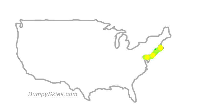 Map of continental US with illustrated flight path and turbulence forecast (described in text below)