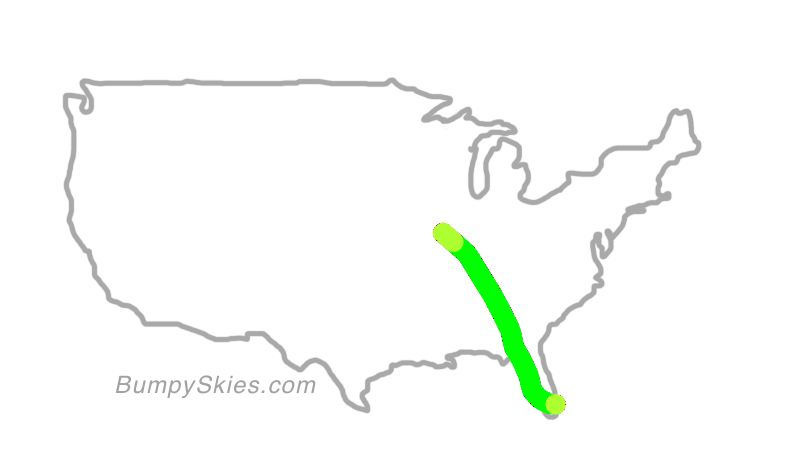 Map of continental US with illustrated flight path and turbulence forecast (described in text below)