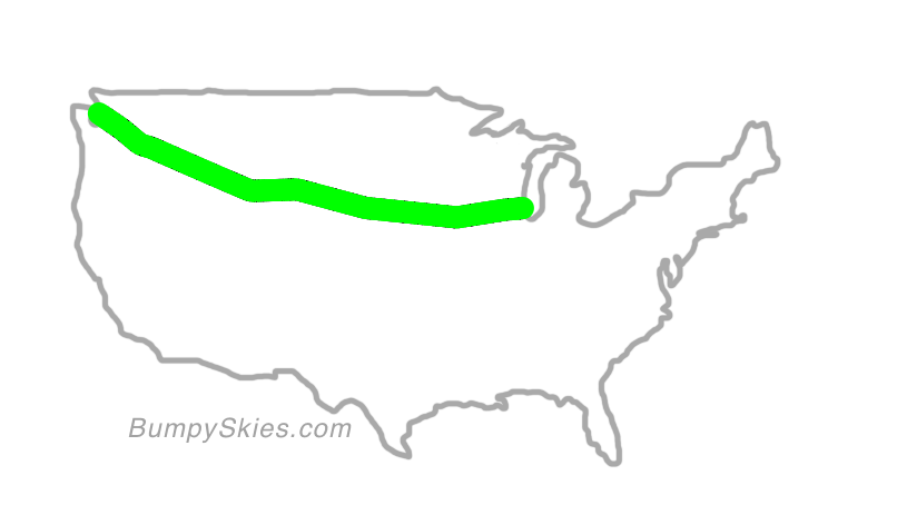 Map of continental US with illustrated flight path and turbulence forecast (described in text below)