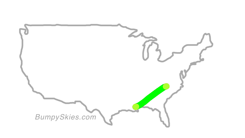 Map of continental US with illustrated flight path and turbulence forecast (described in text below)