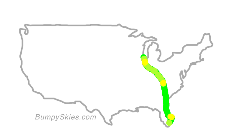Map of continental US with illustrated flight path and turbulence forecast (described in text below)