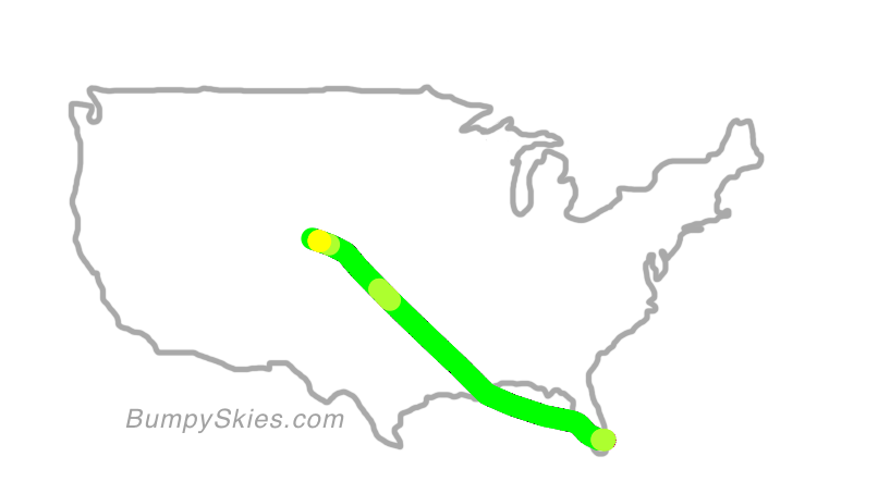 Map of continental US with illustrated flight path and turbulence forecast (described in text below)
