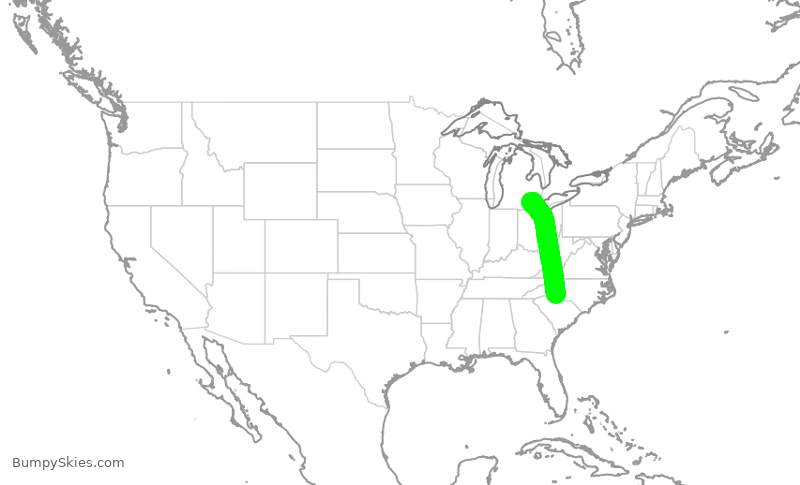 Turbulence forecast map for AAL2988, CLT to DTW