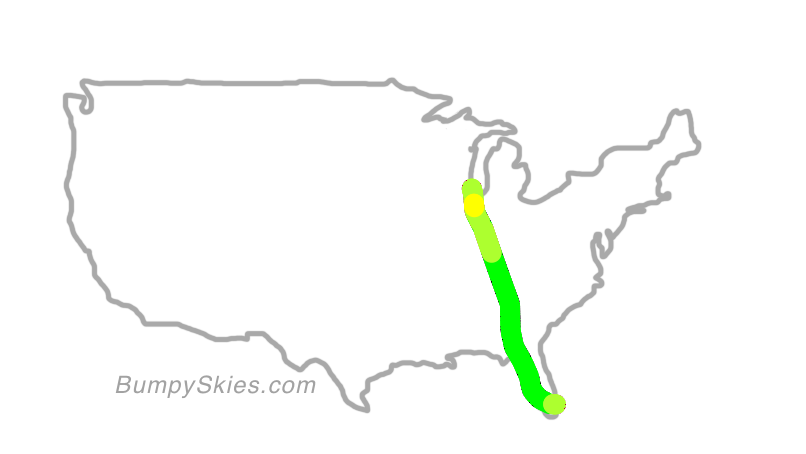 Map of continental US with illustrated flight path and turbulence forecast (described in text below)