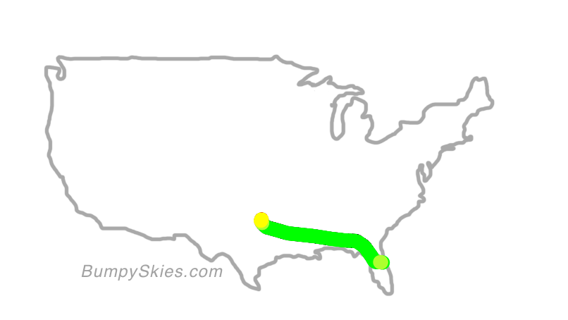 Map of continental US with illustrated flight path and turbulence forecast (described in text below)
