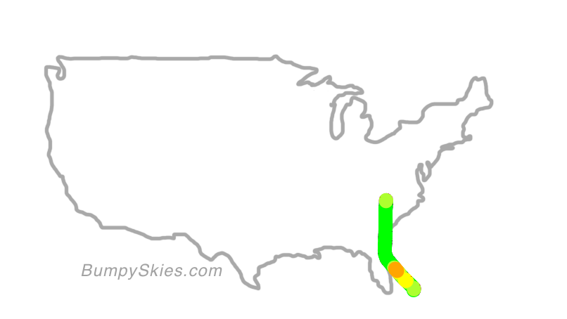 Map of continental US with illustrated flight path and turbulence forecast (described in text below)