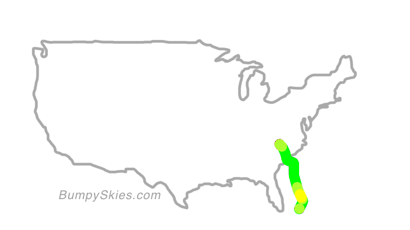 Map of continental US with illustrated flight path and turbulence forecast (described in text below)
