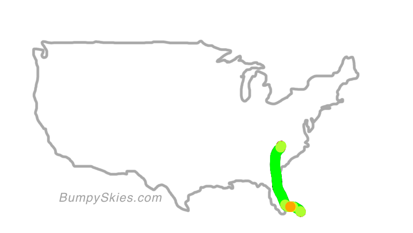 Map of continental US with illustrated flight path and turbulence forecast (described in text below)