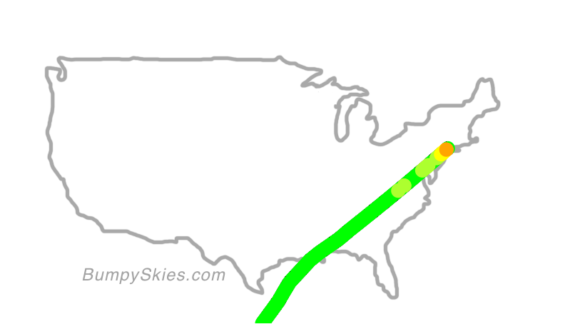 Map of continental US with illustrated flight path and turbulence forecast (described in text below)