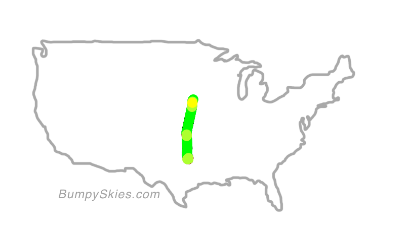 Map of continental US with illustrated flight path and turbulence forecast (described in text below)