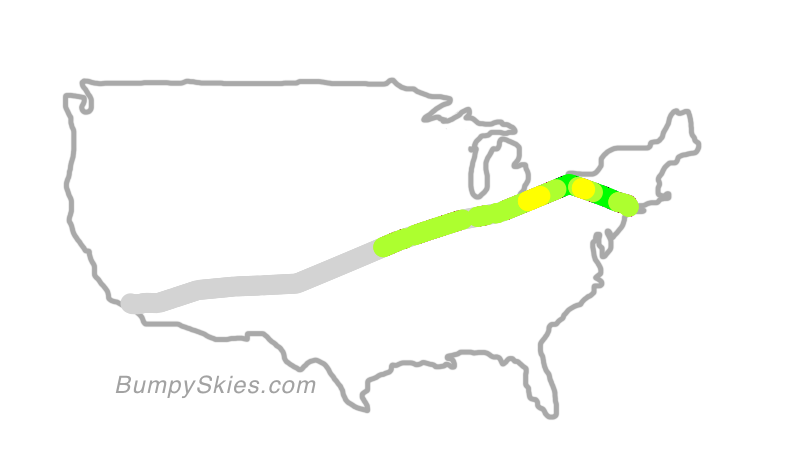 Map of continental US with illustrated flight path and turbulence forecast (described in text below)