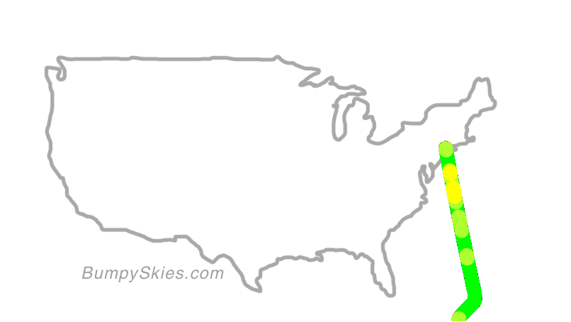 Map of continental US with illustrated flight path and turbulence forecast (described in text below)