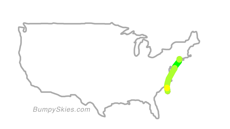 Map of continental US with illustrated flight path and turbulence forecast (described in text below)