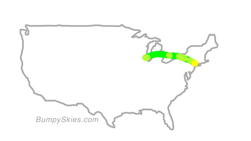 Map of continental US with illustrated flight path and turbulence forecast (described in text below)