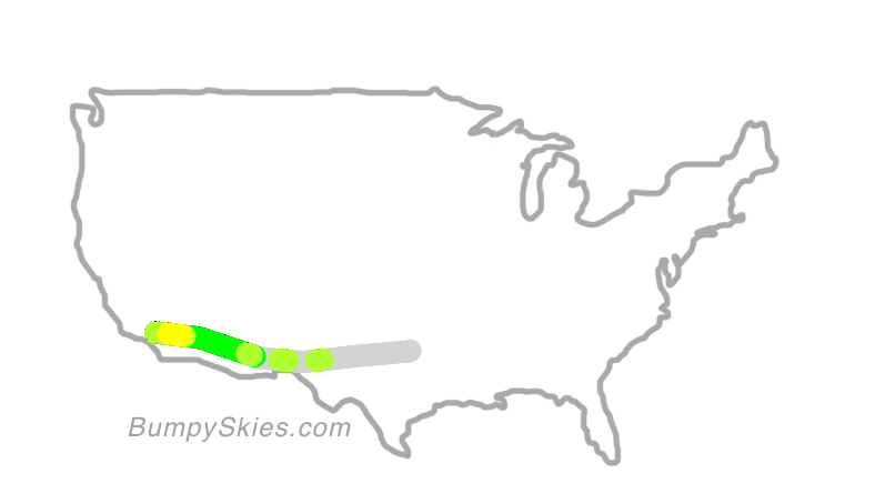 Map of continental US with illustrated flight path and turbulence forecast (described in text below)
