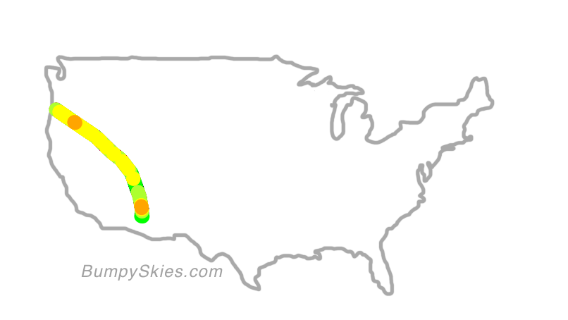 Map of continental US with illustrated flight path and turbulence forecast (described in text below)