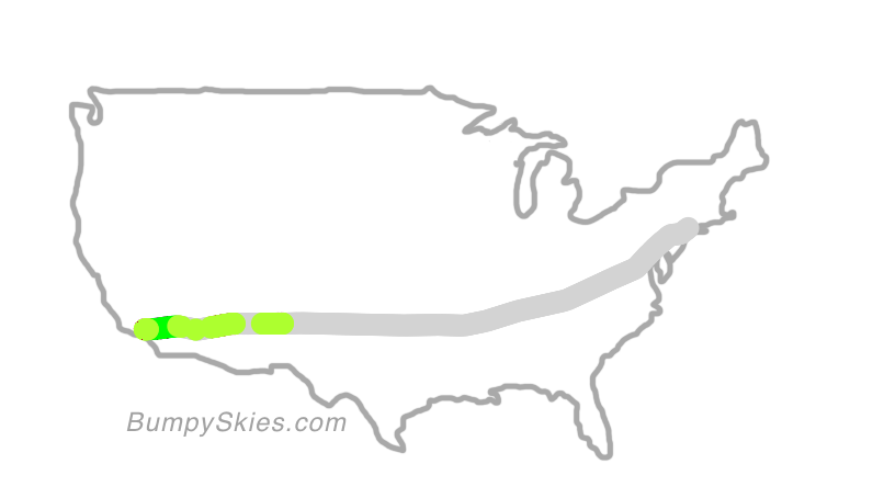 Map of continental US with illustrated flight path and turbulence forecast (described in text below)